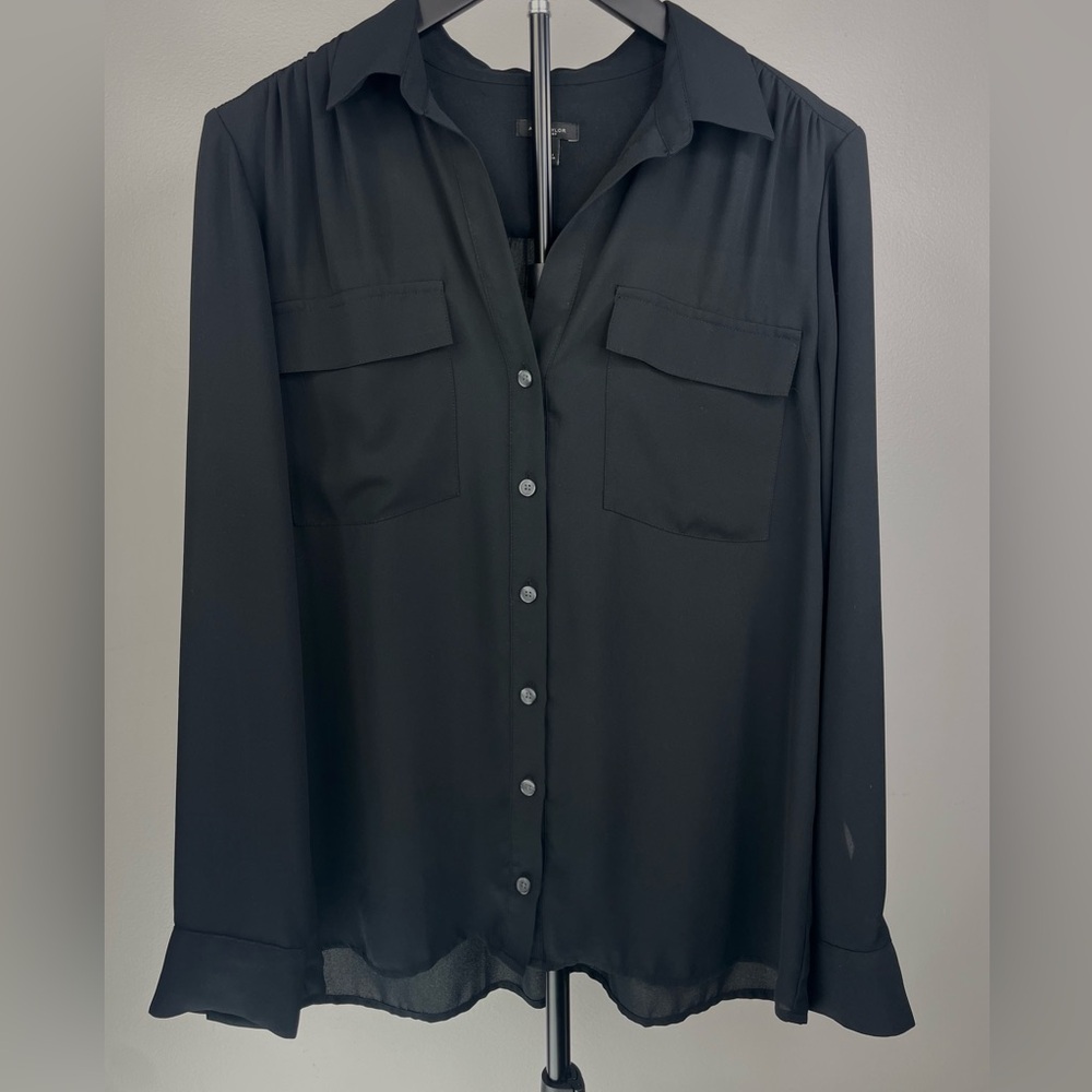 Ann Taylor Factory Black Button Down Blouse Long Sleeve Collared Top Medium